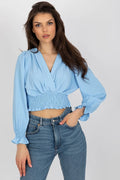 Haut féminin élégant en polyester chemisier crop top col V croisé manches longues élastiquées smocké bleu clair