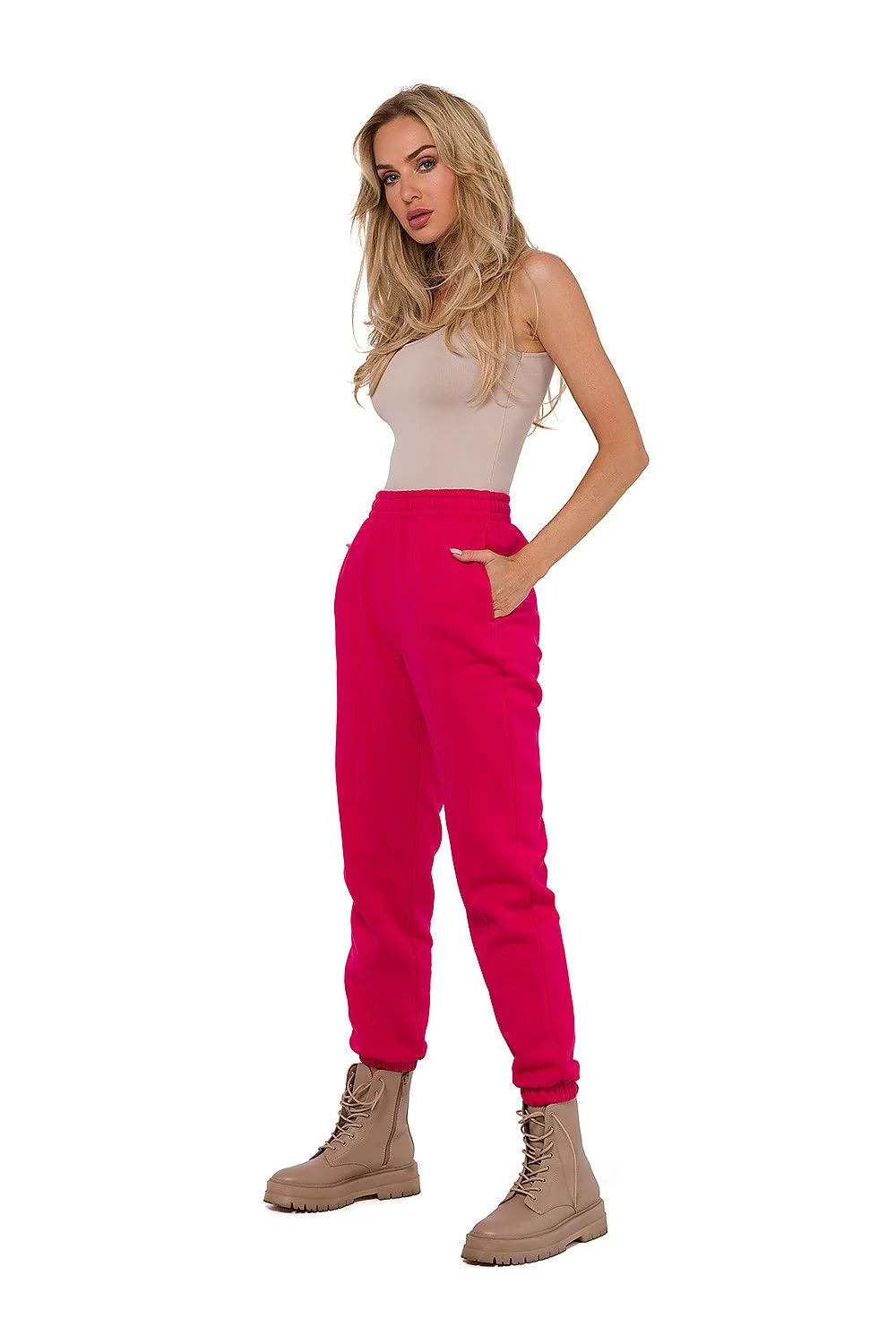 Pantalon survêtement Moe rose vif, haut sans manches beige, style décontracté, coupe ajustée, tissu coton polyester, tailles S à XXL
