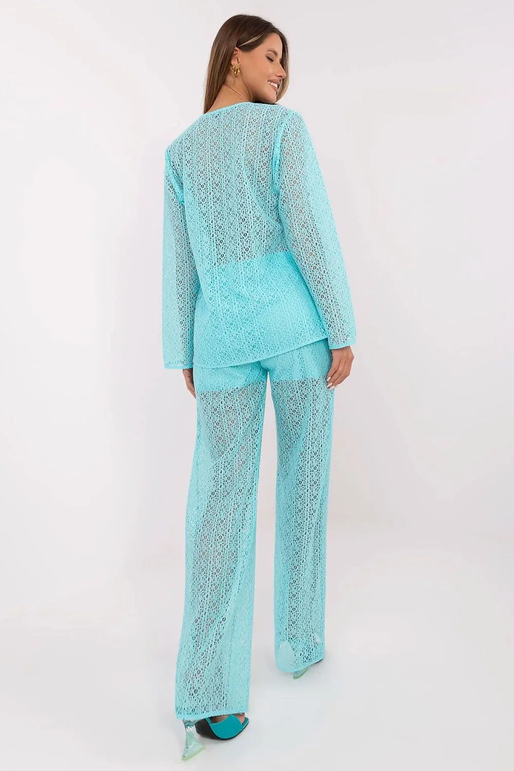Ensemble Lakerta pour femme en dentelle bleu turquoise tunique longue manches longues pantalon taille haute occasion estivale plage