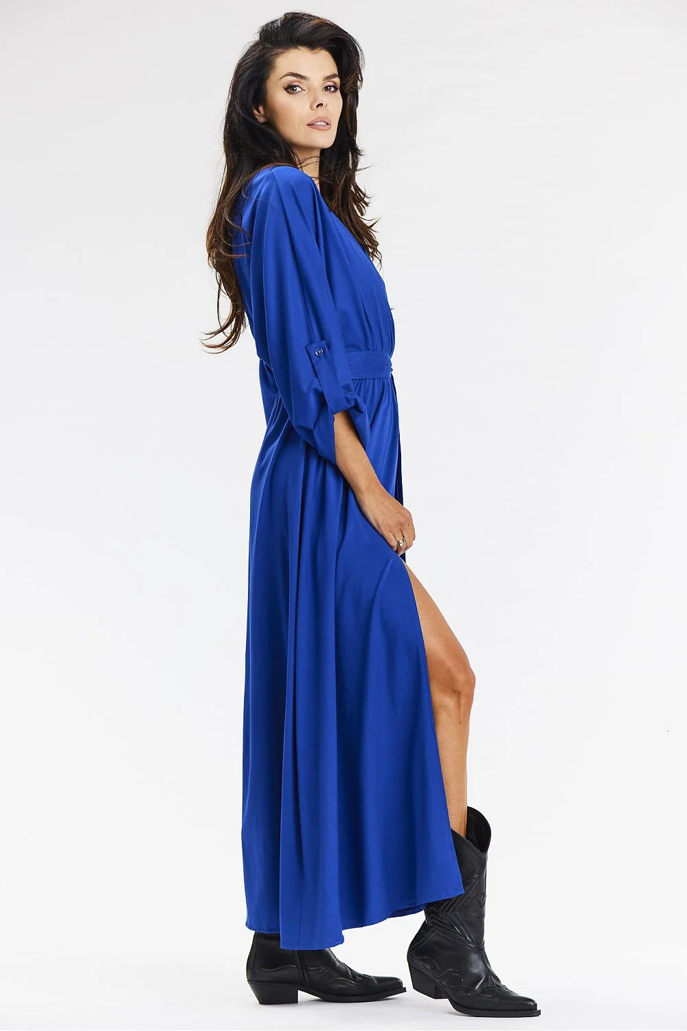 Robe longue pour femme bleu cobalt manches longues encolure V ceinture taille ajustable fente latérale robe élégante pour quotidien et soirées