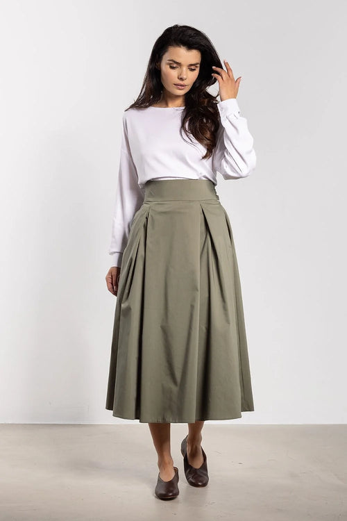jupe midi taille haute kaki olive évasée plis creux large ceinture structurée nouée arrière maintien flatteur coton sergé casual chic