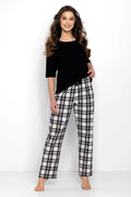 Pyjama femme chemisier uni pantalon carreaux tissu doux style classique confortable coupe ample manches 3/4 encolure ronde
