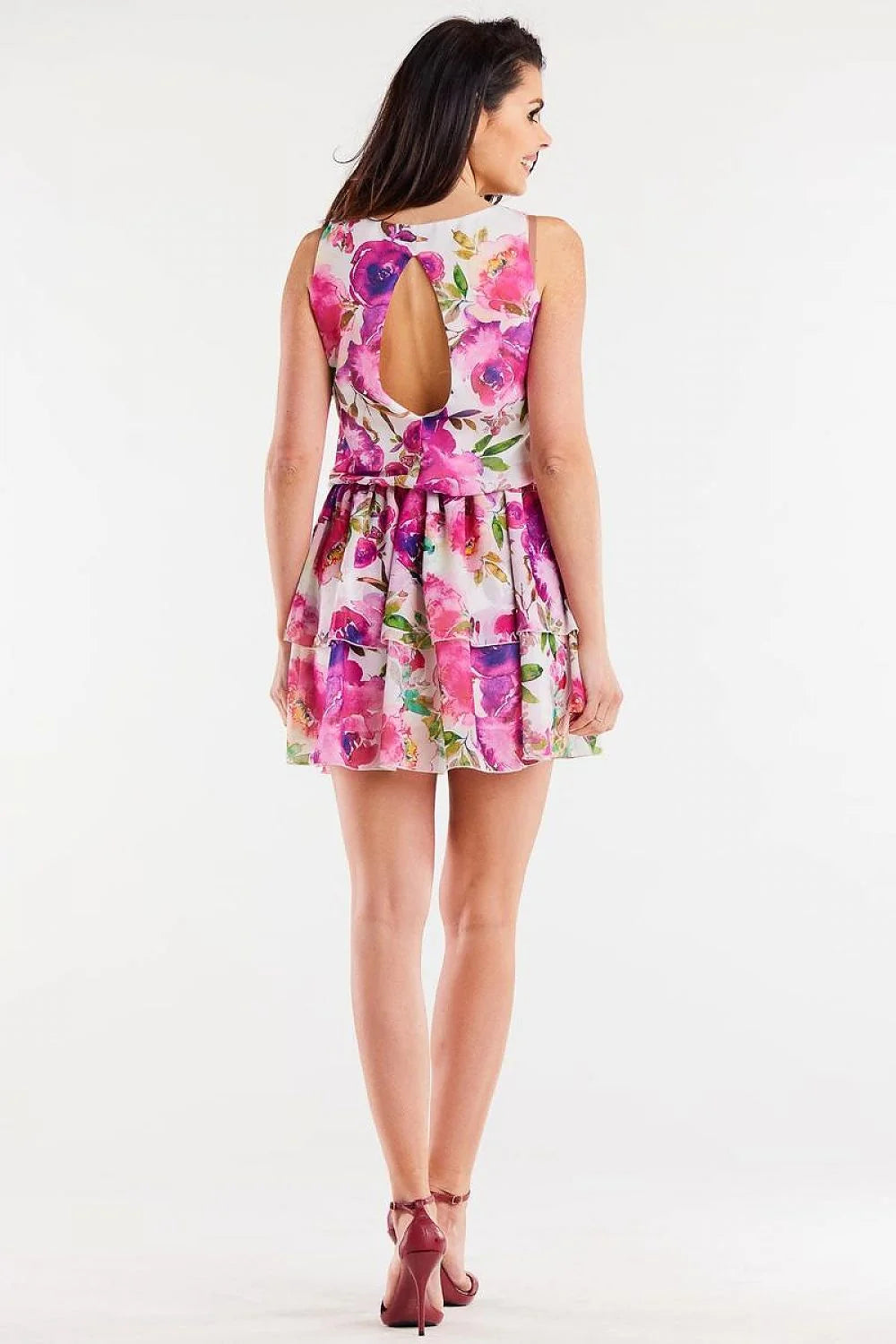 Robe de jour awama sans manches motif floral rose violet vert taille élastiquée polyester femmes