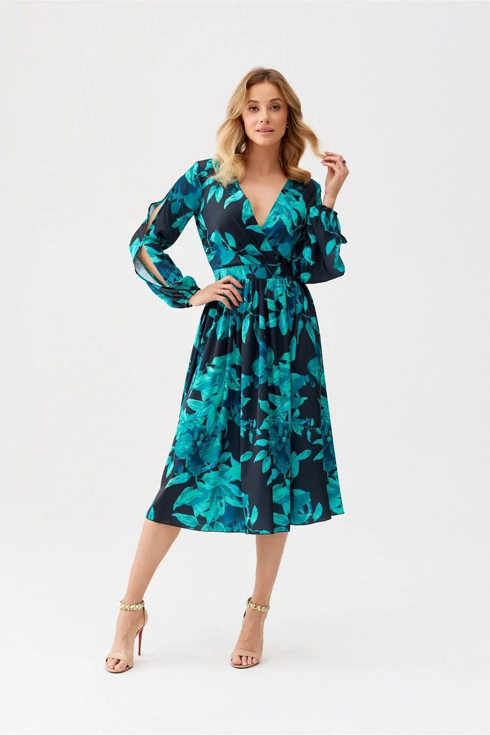 Robe cocktail élégante imprimé floral bleu noir longue manches longues encolure V croisée taille cintrée femmes