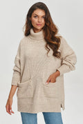 Pull ample femme col roulé maille épaisse beige manches raglan poches plaquées côtelé longues durée doux