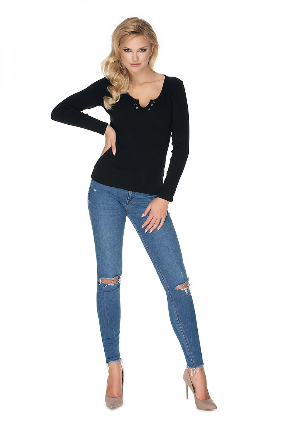 Chemisier en coton côtelé noir ajusté manches longues style moderne femme col œillets élégant