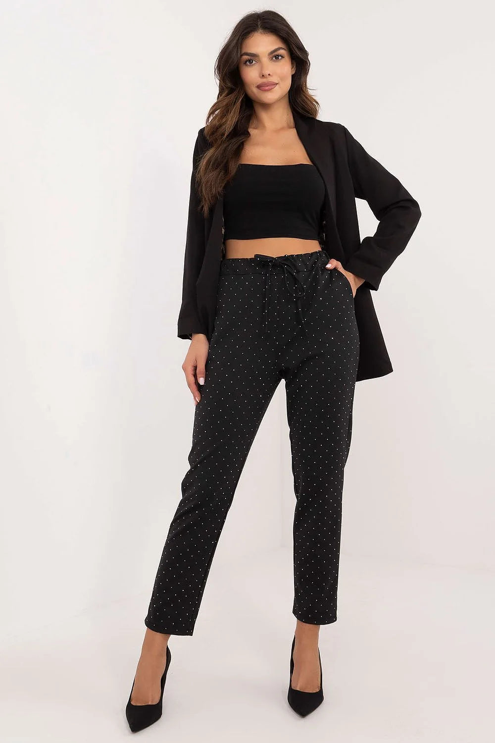 pantalon survêtement élégant Italy Moda viscose nylon élasthanne taille haute cigarette noir micro pois blancs cheville poches latérales
