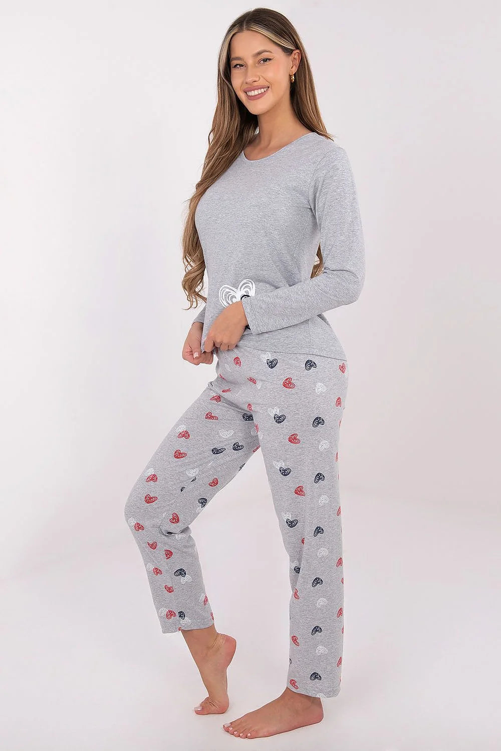 pyjama femme ensemble deuxpieces coton doux respirant gris chiné jersey manches longues encolure ronde imprimé coeurs allover taille élastique confortable