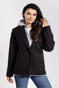 veste velours côtelé femme noir blazer court hanches col châle manches longues boutonné poches passepoilées coupe droite décontractée confortable élégante