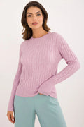 Chandail pour femme en mélange de viscose, nylon et polyester, texture torsadée verticale, couleur lilas, coupe droite, manches longues, col rond, finitions côtelées