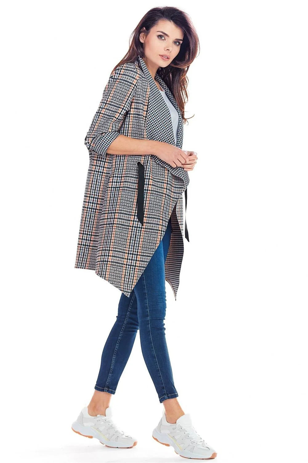 Blazer femme polyester chic moderne à carreaux noir blanc orange ceinture tendance élégant automne