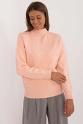 pull femme col montant manches longues maille fine motif jacquard géométrique embossé rose pêche poudré oversize ample côtelé