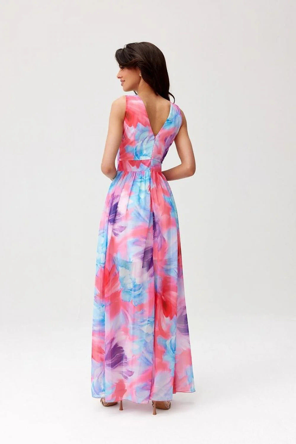 Robe longue pour femme design floral coloré coupe fluide sans manches fente devant occasion estivale