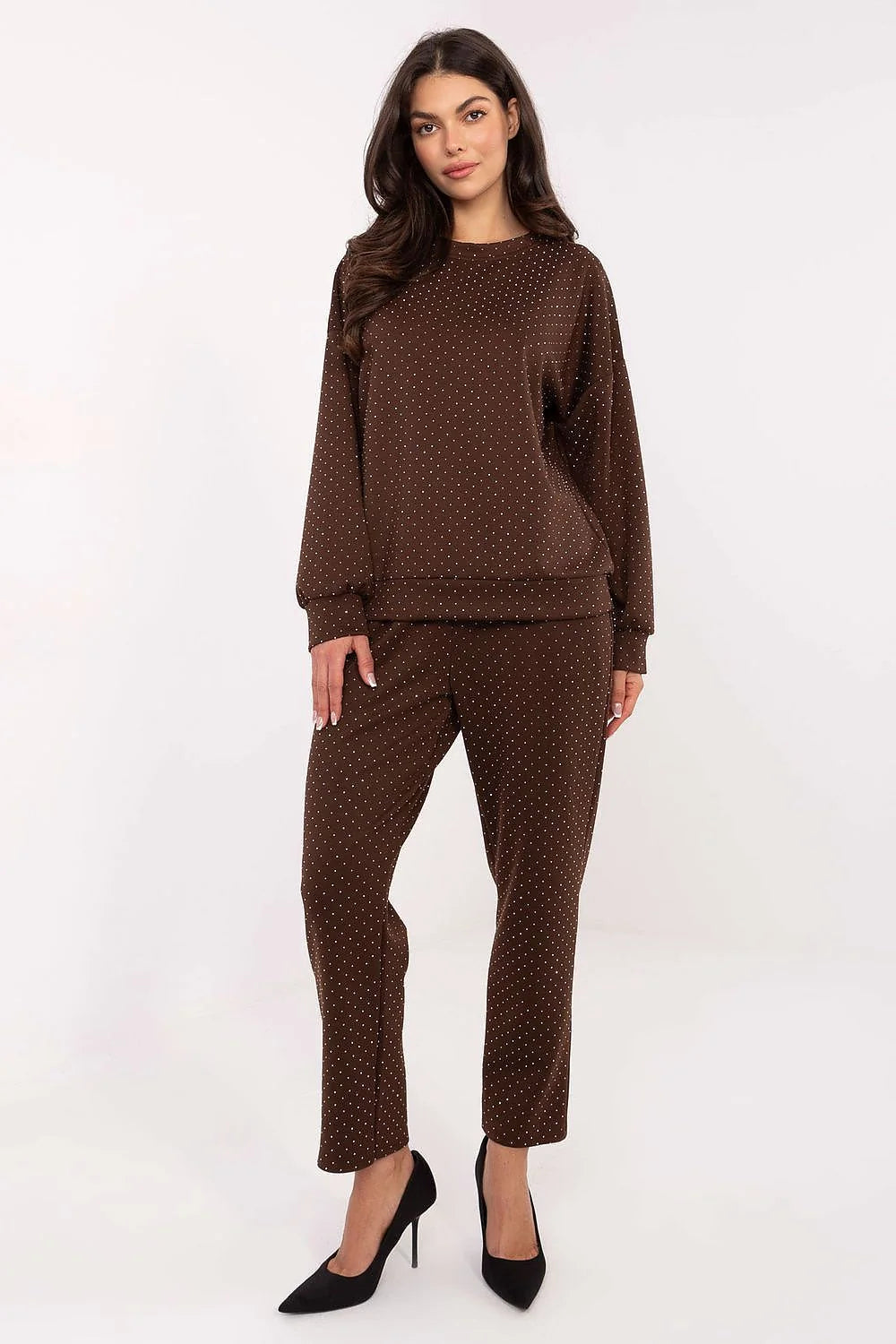 ensemble femme deux pièces loungewear chocolat pois blancs strass viscose polyester doux extensible sweat col rond pantalon taille haute
