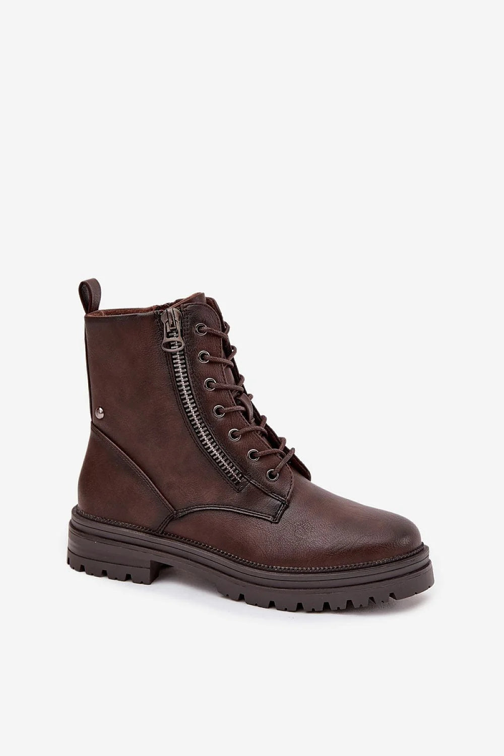bottines femme Jezzi similicuir marron foncé lisse tige mihaute style combat bout rond lacets zip œillets semelle plateforme crantée antidérapante