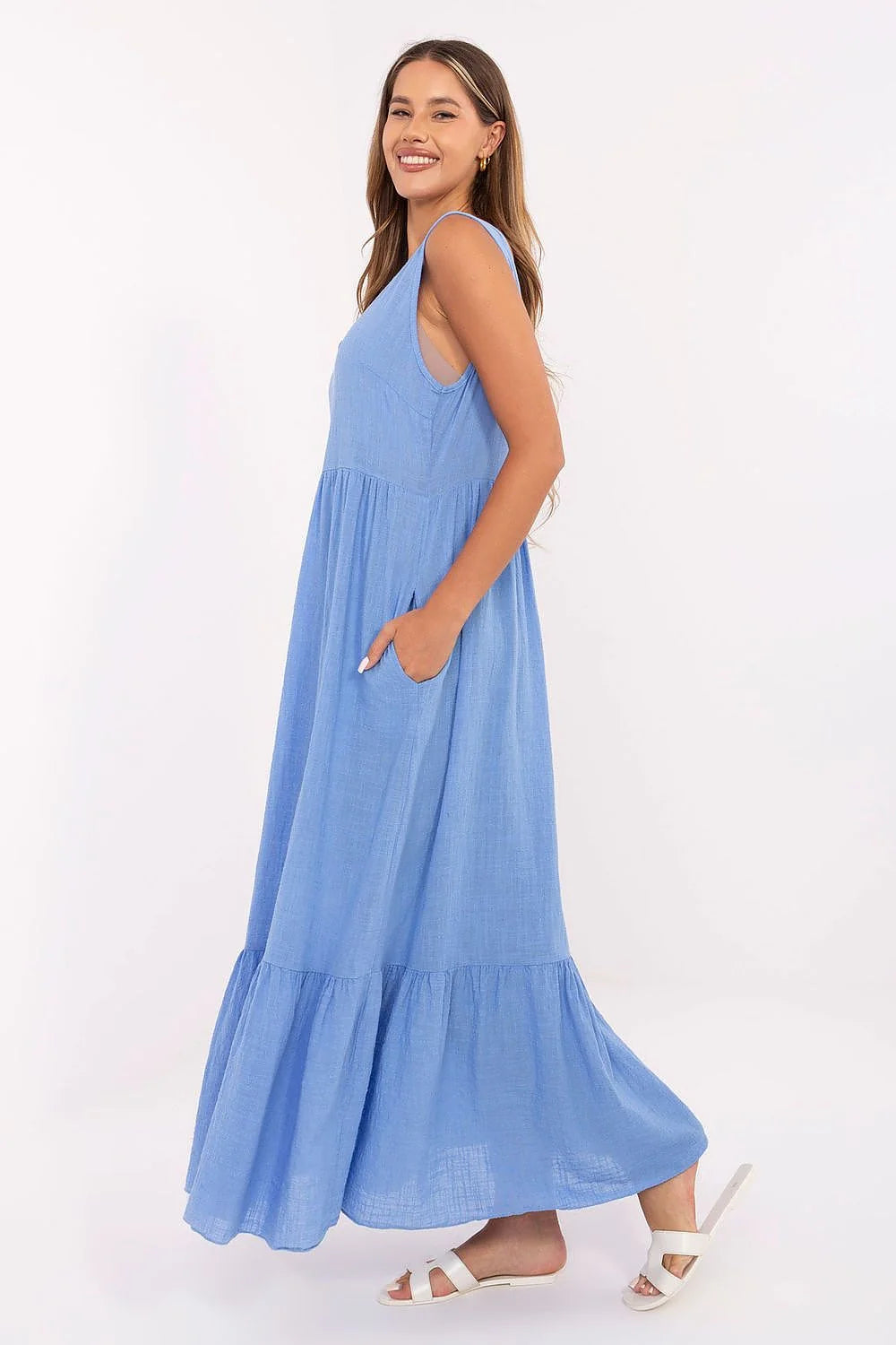 Robe de jour Och Bella longue sans manches décolleté en V coton bleu clair taille empire femme été