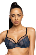 Soutien-gorge élégant Saddie en dentelle bleu marine et noir, coupe balconnet, bretelles réglables, détails nœud, lingerie féminine luxe