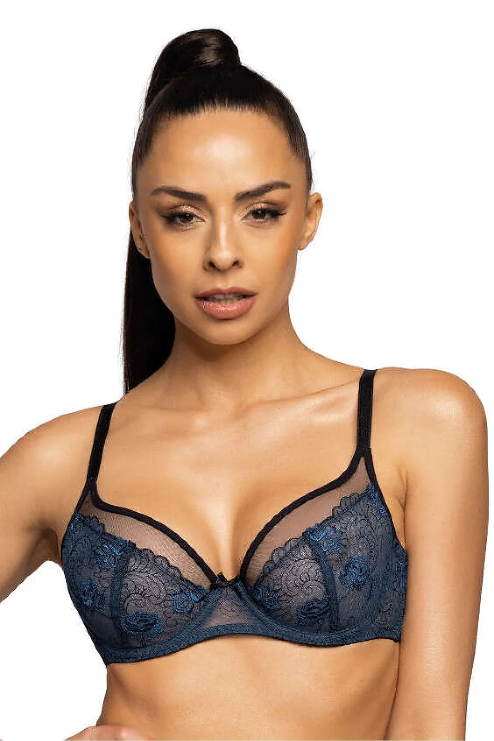 Soutien-gorge élégant Saddie en dentelle bleu marine et noir, coupe balconnet, bretelles réglables, détails nœud, lingerie féminine luxe