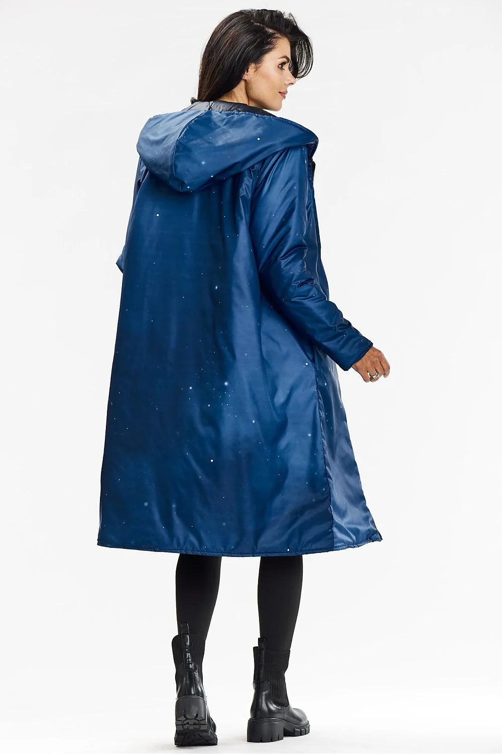Manteau long pour femme à capuche double face en polyester coupe droite style élégant doublure bleue motif matelassé résistant aux intempéries poches latérales fermeture éclair