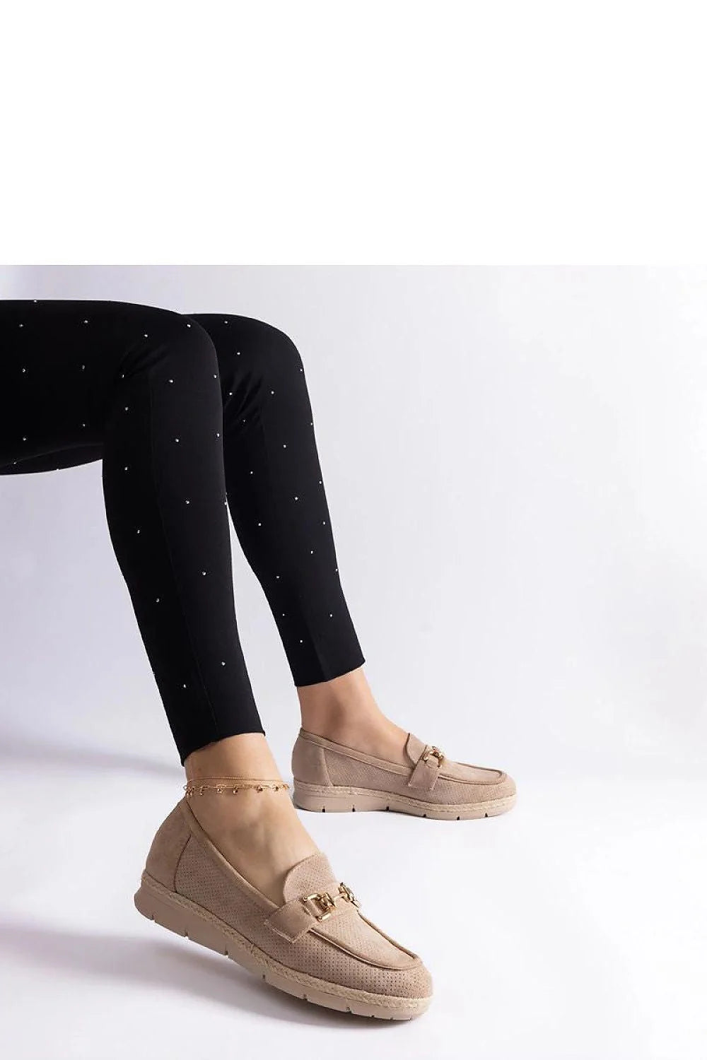 moccasins Solea femmes beige suédine semelle compensée crantée dorée mors métallique bout arrondi cousu rembourré confortable polyvalent élégant
