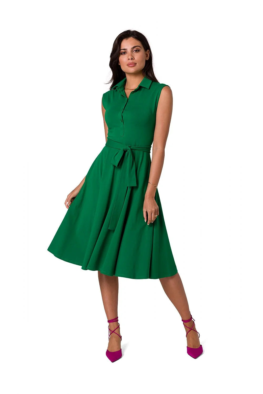 Robe de jour sans manches élégante verte vif ceinture assortie col chemise femmes coton elasthanne taille ajustable occasionnels