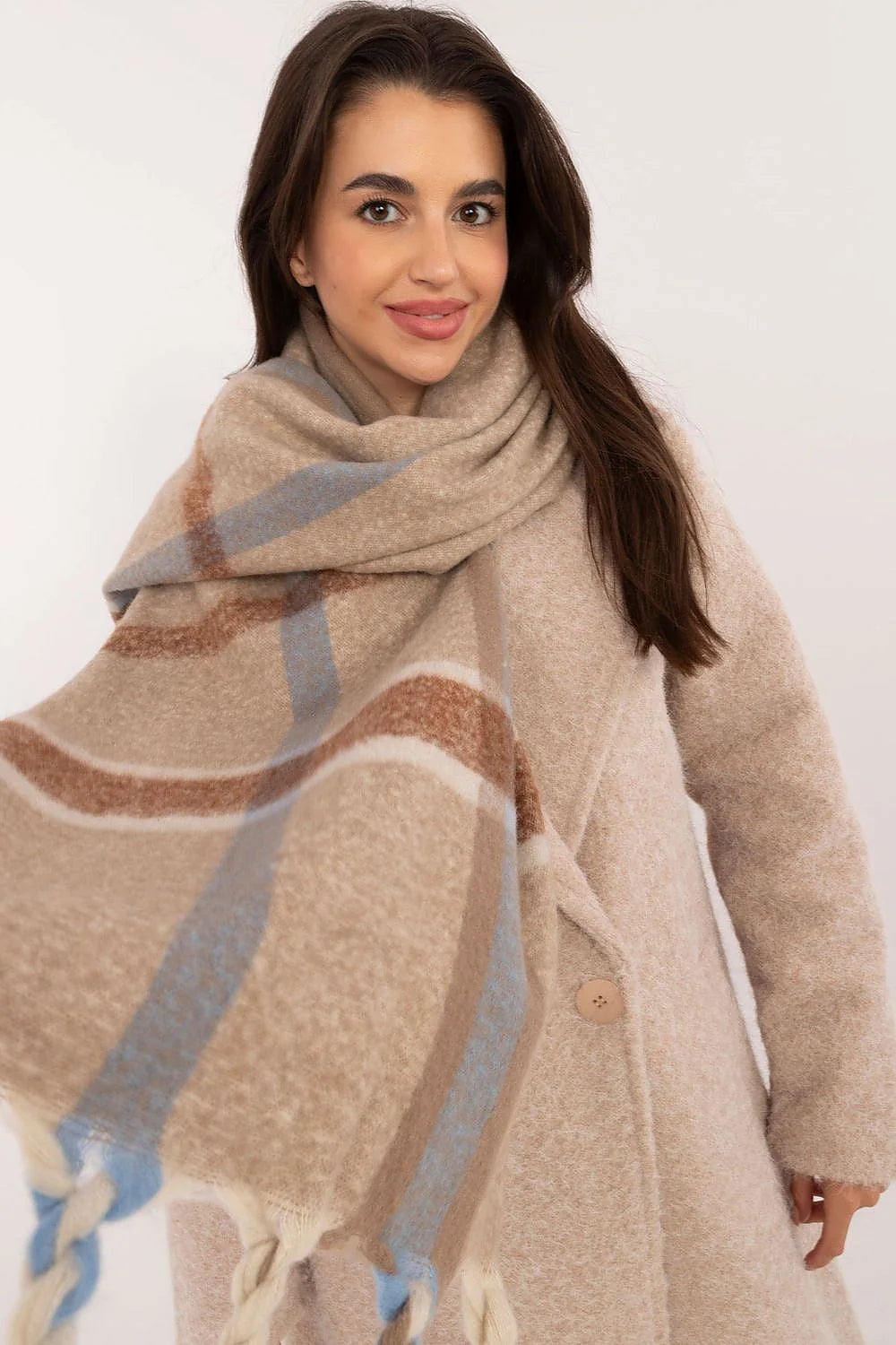 écharpe châle oversize plaid polyester doux moelleux léger chaud long180cm large enveloppant carreaux beige sable marron bleu ciel franges torsadées