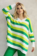 Pull acrylique ample manches longues col v rayures vert jaune vif blanc moderne confortable style décontracte sortie ville