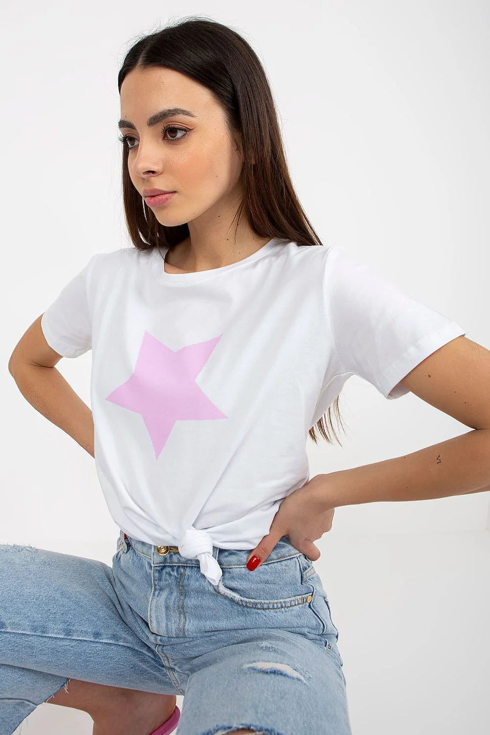 T-shirt pour femme moderne à manches courtes en coton élasthanne motif étoile rose ajusté versatile