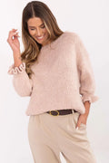 pull femme maille épaisse douce rose poudré coupe ample courte encolure ronde manches ballon trois quarts poignets froncés volant cosy