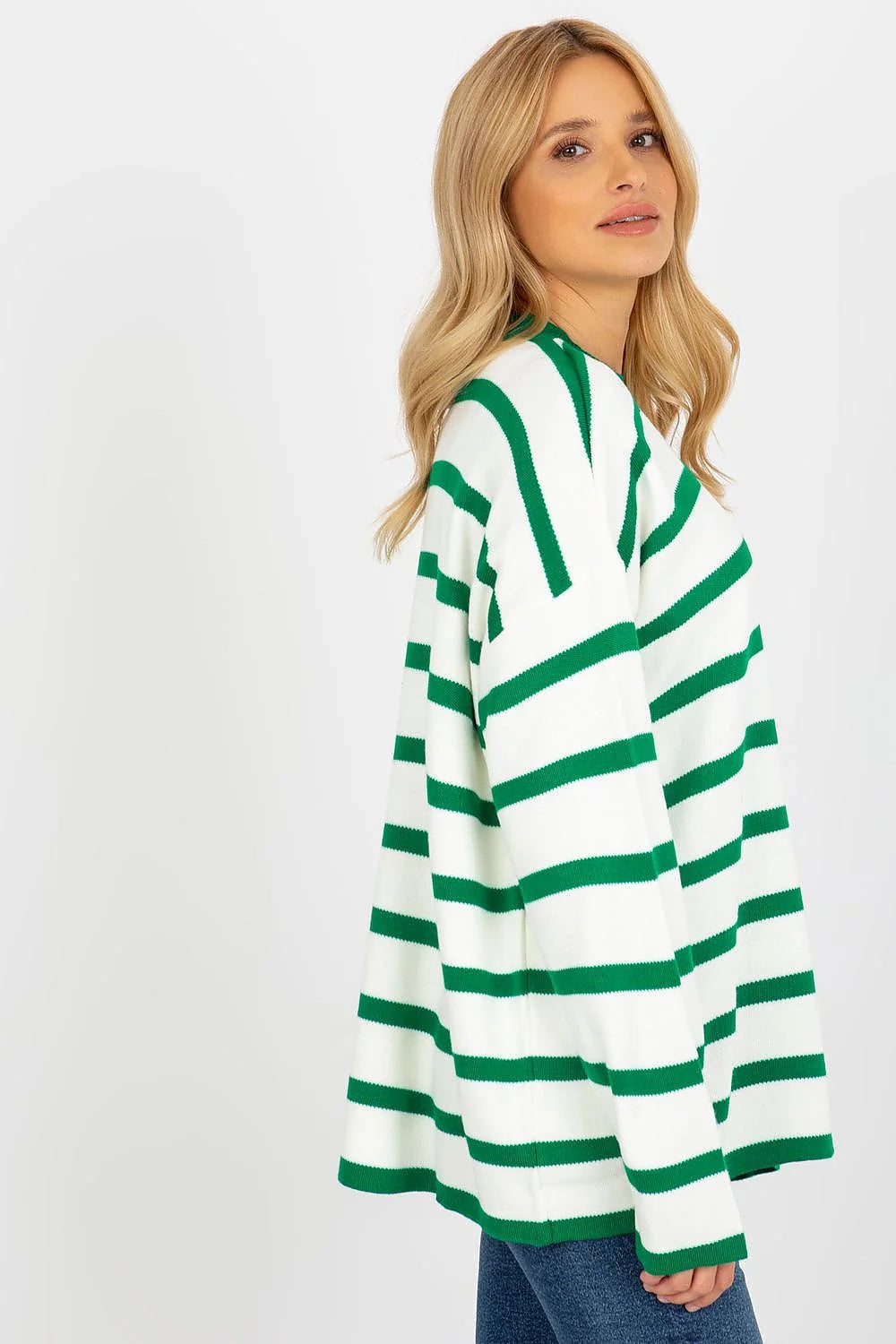 Pull ample femme Rue Paris manches longues col rond style casual épuré vert blanc