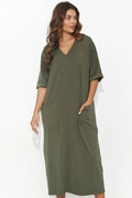 robe longue décontractée manches courtes décolleté V poches plaquées kaki olive oversize coupe droite fluide jersey stretch douce respirante élégante