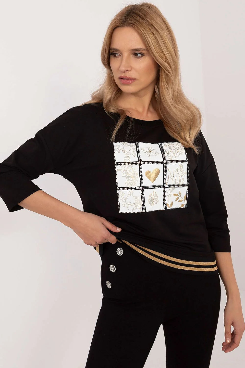 chemisier femme motif floral coeur doré coton élasthanne manches trois quarts col rond coupe ample confortable chic casual