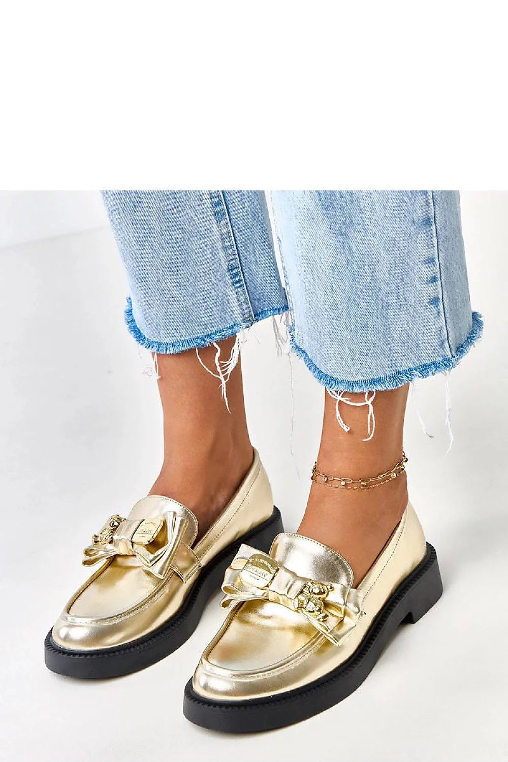 mocassins loafers femme beige métallisée dorée nœud décoratif plaque chaînette cuir synthétique semelle intérieure plateforme crantée confortable quotidien talon 3cm