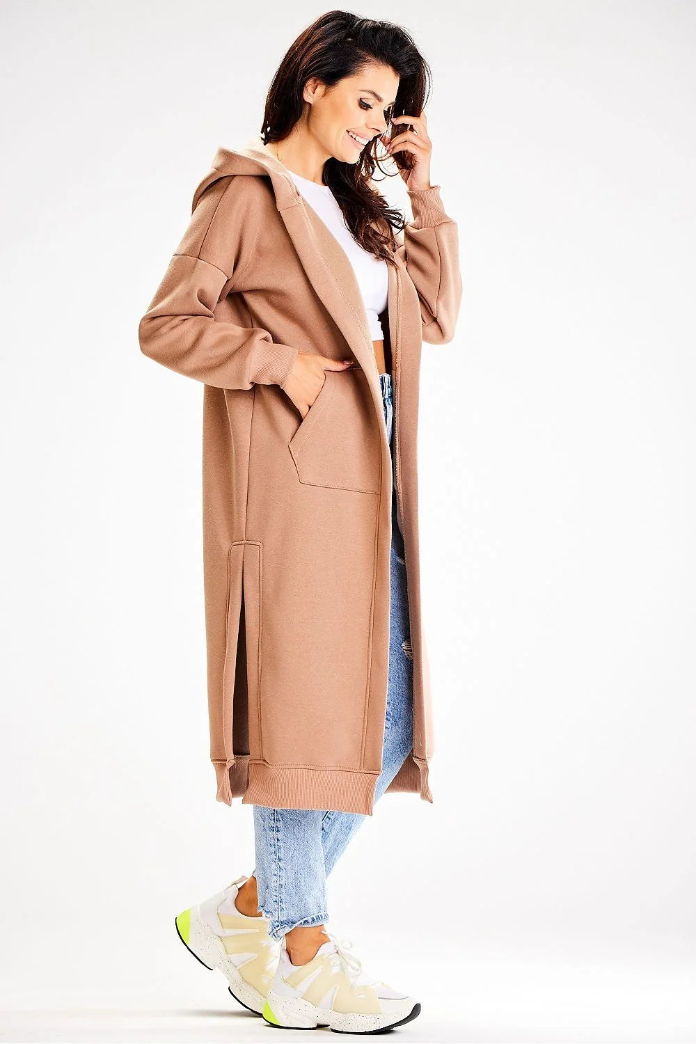 Manteau long ample pour femme en fibre synthétique style casual capuche poches beige camel