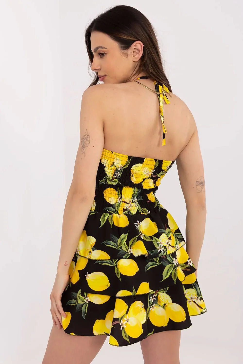 Robe d'été pour femme légère imprimé citron jaune vif feuilles vertes fond noir bustier bretelles croisées taille ajustable jupe évasée