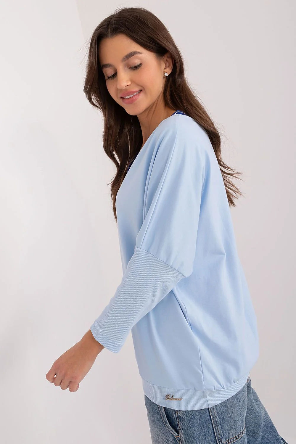 chemisier Relevance femme coton bleu pastel col V bandes bleu roi manches troisquarts coupe ample base elastique inscription youcanbe brillante