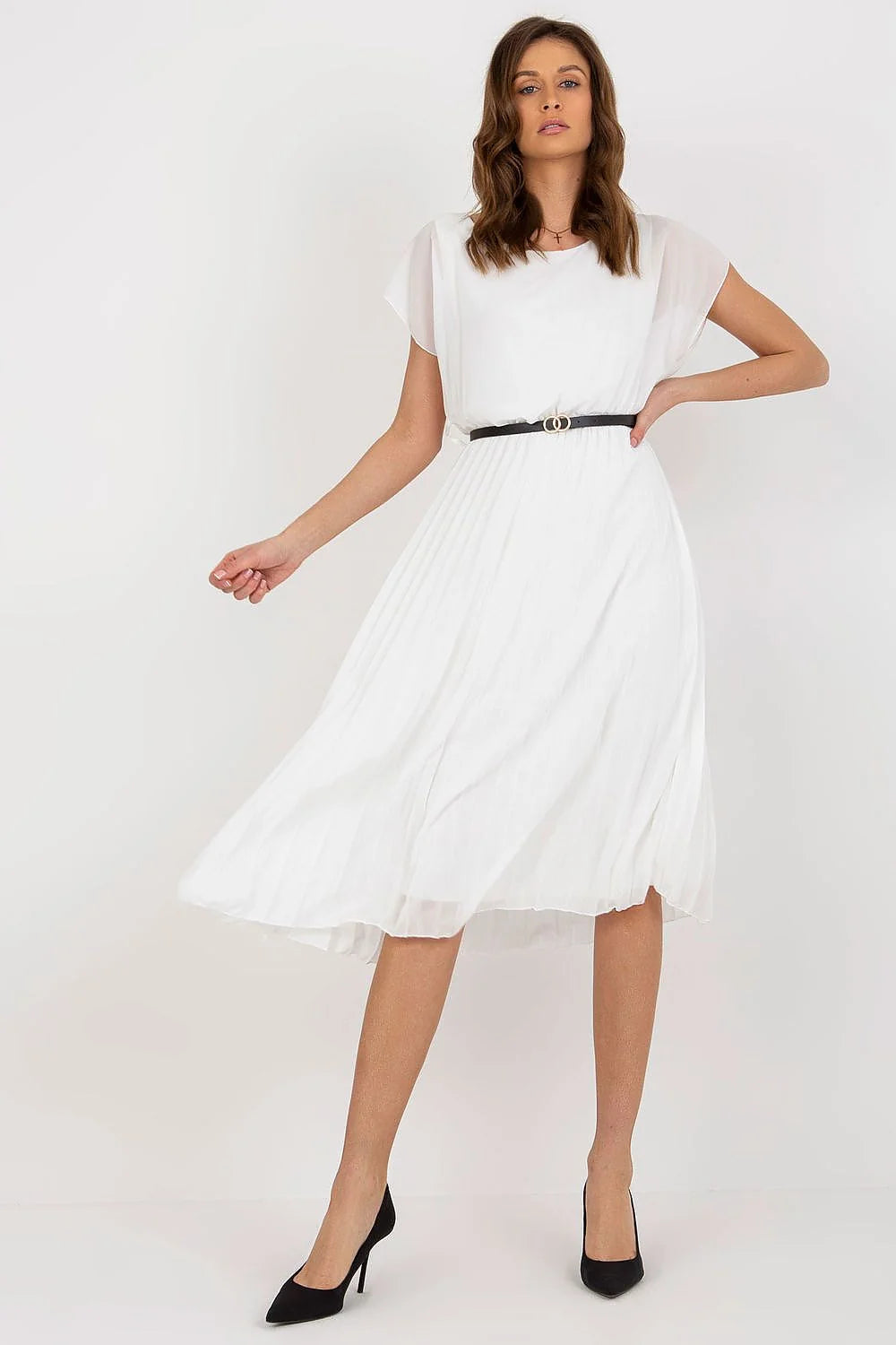 Robe de cocktail élégante à manches courtes encolure ronde ceinture noire plissée polyester viscose femme