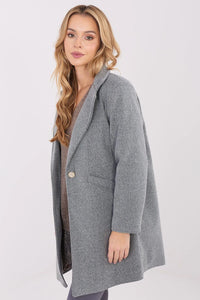 manteau femme mi long gris chiné coupe droite oversize col tailleur bouton doré laine viscose texturée manches longues poches discrètes