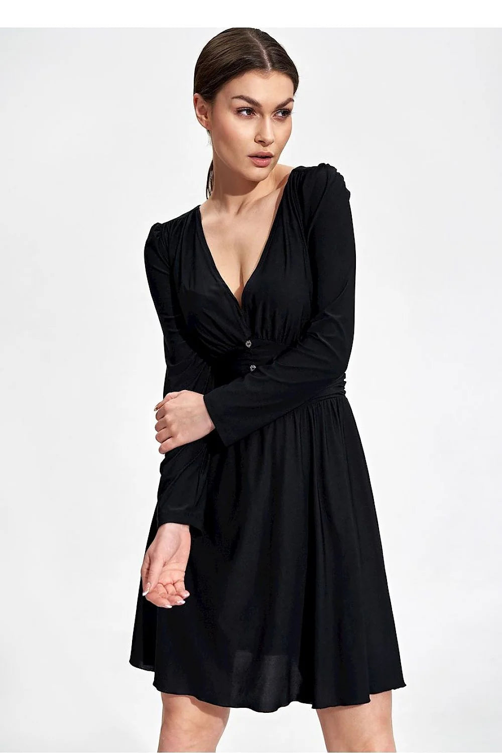 Robe de jour élégante évasée genou manches longues décolleté bateau ceinture boutons sans doublure polyester élasthanne femme