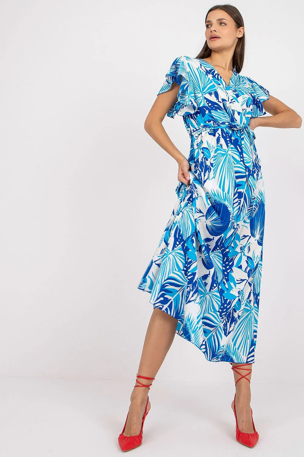Robe longue imprimée tropical bleu turquoise manches courtes encolure V ceinture taille femme été 2023