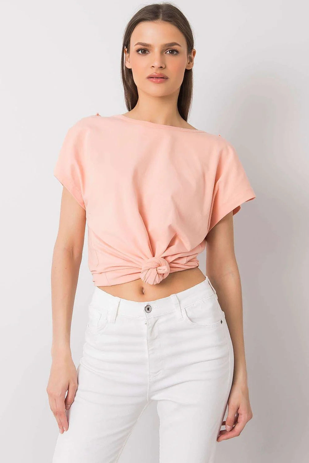 Chemisier élégant pour femme en coton 95% lycra 5% coupe ample manches courtes beige pâle sans motifs