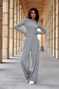 ensemble loungewear femme haut manches longues encolure bateau pantalon ample taille élastique maille douce jersey extensible gris chiné confortable polyvalent