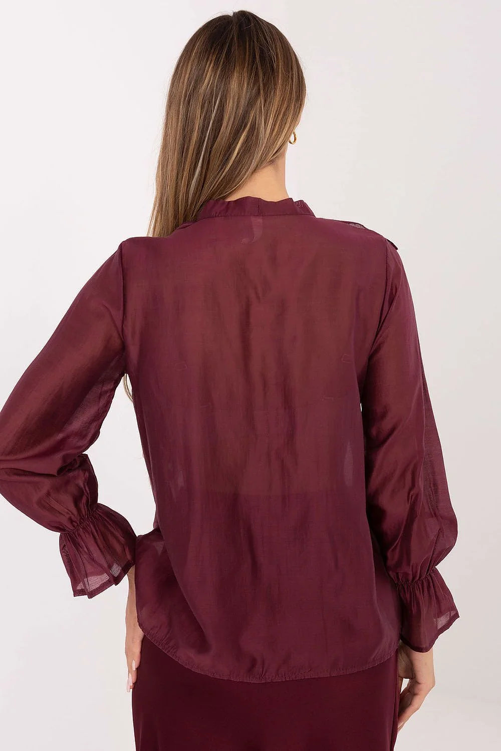 chemise manches longues sans col V boutonnée jabot volants bouffantes poignets élastiqués chiffon bordeaux tencel polyester léger semi transparent cintrée