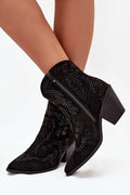 Bottines western suédine écologique noires talon bloc moyen bout amande fermeture éclair latérale strass clous doublure fausse fourrure confortable bohème