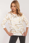 Top mode femme décontracté sophistiqué motifs dorés coton doux manches longues poignets côtelés neckline ronde