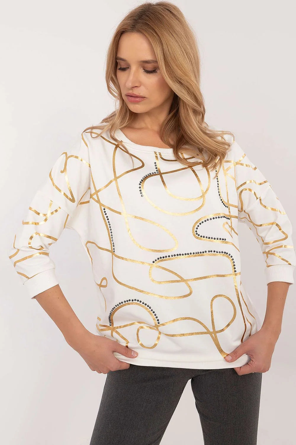 Top mode femme décontracté sophistiqué motifs dorés coton doux manches longues poignets côtelés neckline ronde