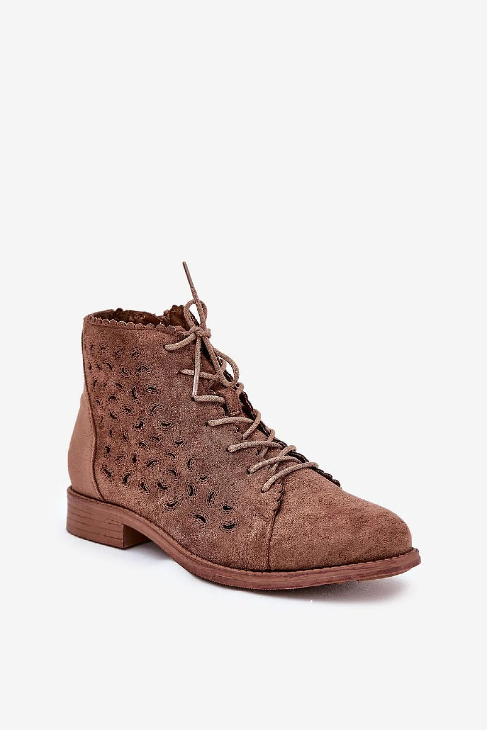 Bottes pour femmes en suédine perforée style élégant tige montante cheville lacets fermeture éclair cuir artificiel antidérapant talon plat 11 cm 3 cm