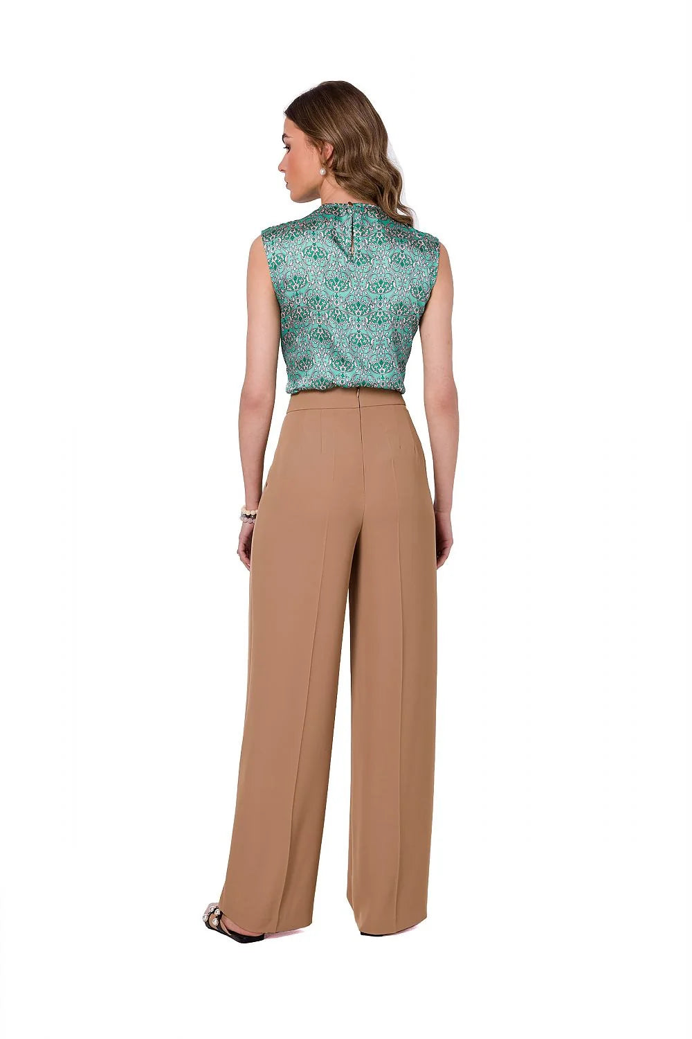 pantalon femme taille haute palazzo fuchsia magenta jambes larges pinces modelantes plis avant poches latérales crêpe léger tombé fluide élégant