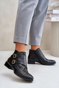 Bottines en cuir noir pour femmes, design moderne, talon carré, détails en métal doré, confort et style élégant