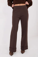 pantalon femme large fluide chocolat foncé viscose nylon elasthanne taille haute pullon sans fermeture poches latérales revers cousu élégant confortable
